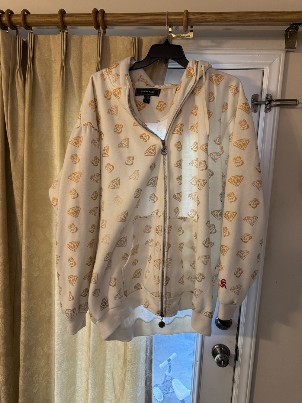 Big and Tall Ivory Zip Hoodie with Gold Diamond Print